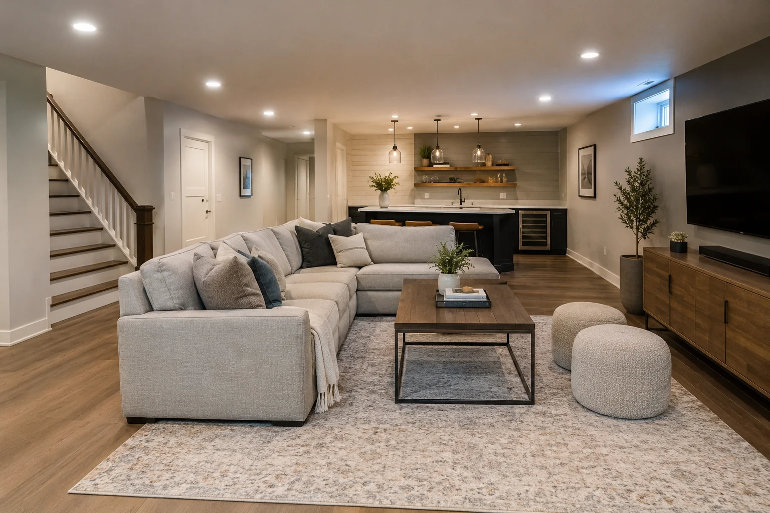Finished basement in a New Jersey home with a family room and recessed lighting