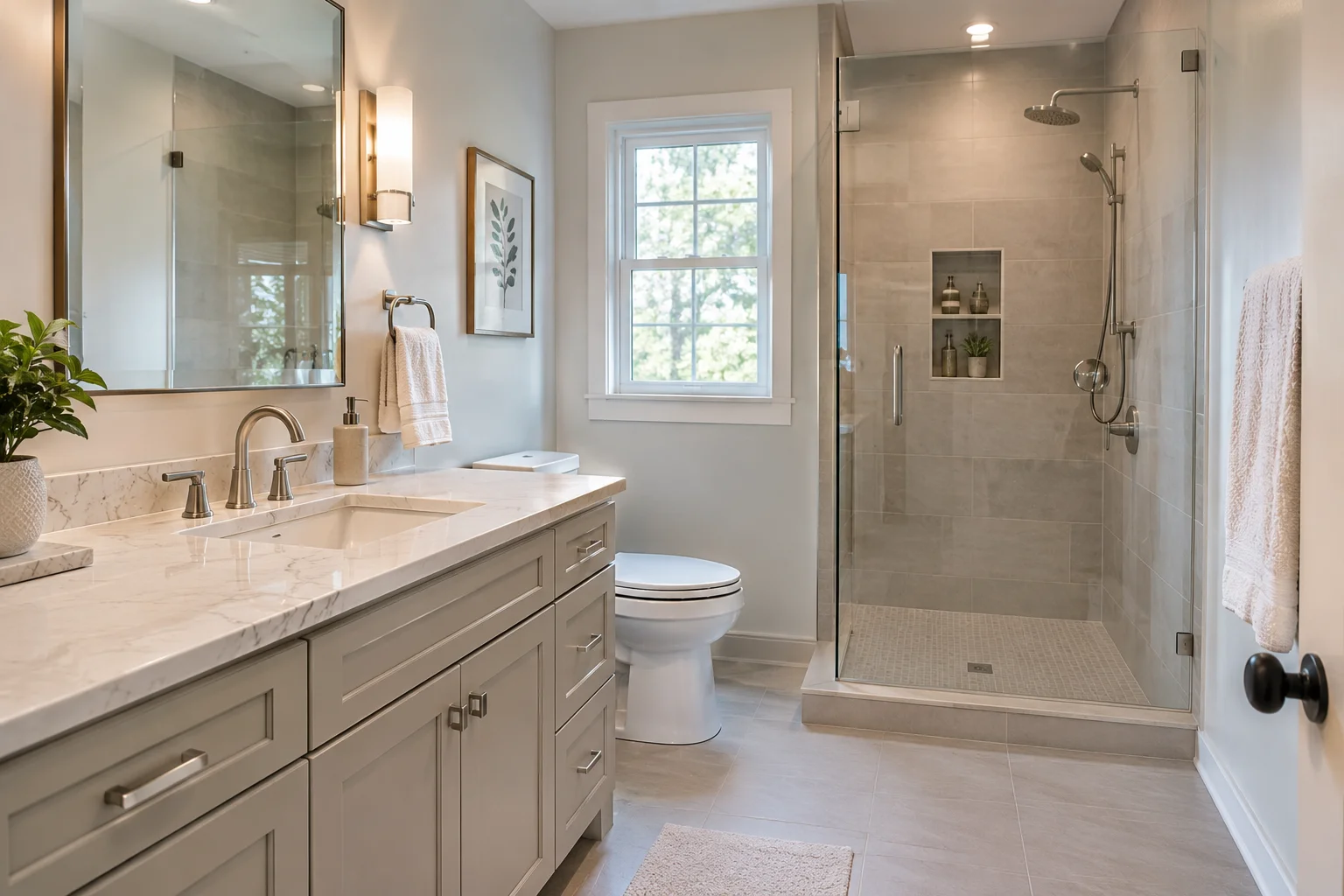 Modern bathroom renovation with a walk in shower, vanity, and practical storage